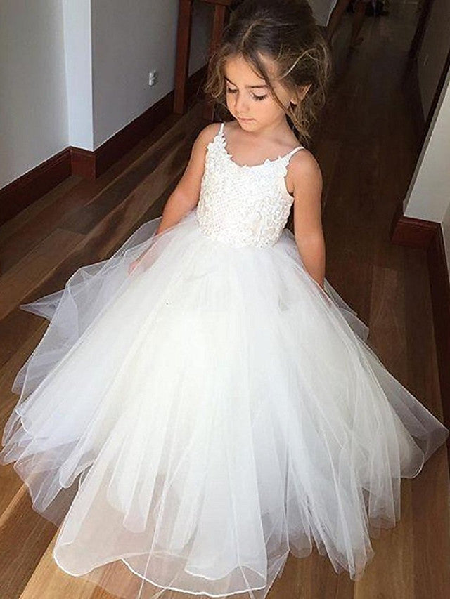 Sleeveless JewelPrincess Long Length Flower Girl Dress with Lace Appliques and Tulle-BallBride