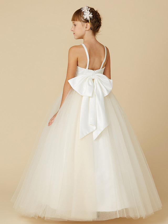 Sleeveless Lace Tulle Flower Girl Dress with Bow Appliques-BallBride