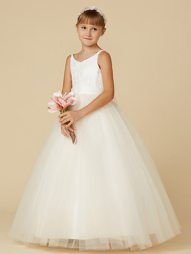 Sleeveless Lace Tulle Flower Girl Dress with Bow Appliques-BallBride