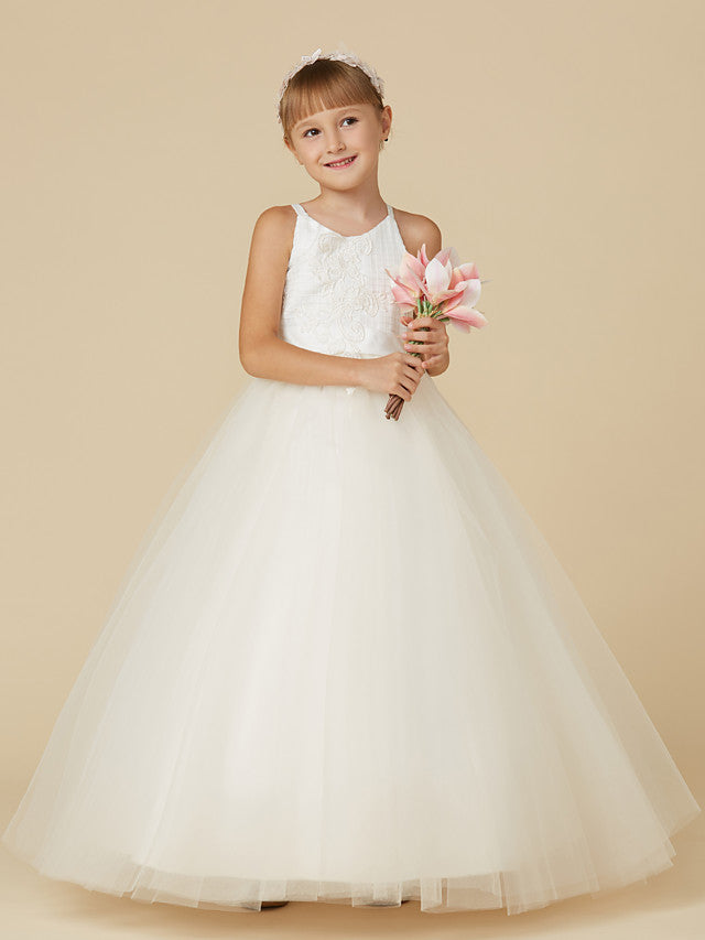 Sleeveless Lace Tulle Flower Girl Dress with Bow Appliques-BallBride
