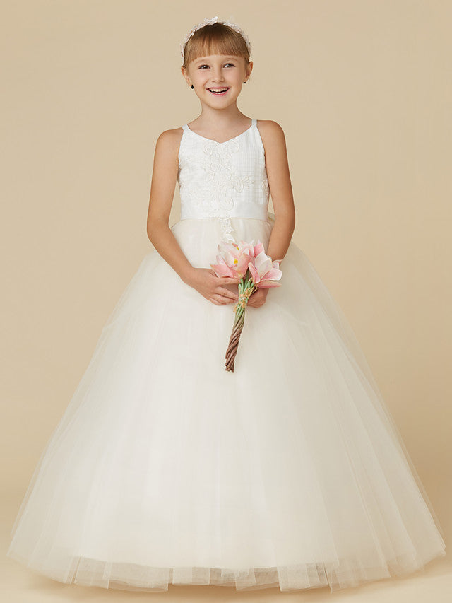 Sleeveless Lace Tulle Flower Girl Dress with Bow Appliques-BallBride