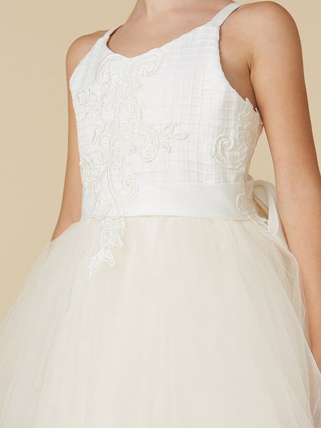 Sleeveless Lace Tulle Flower Girl Dress with Bow Appliques-BallBride