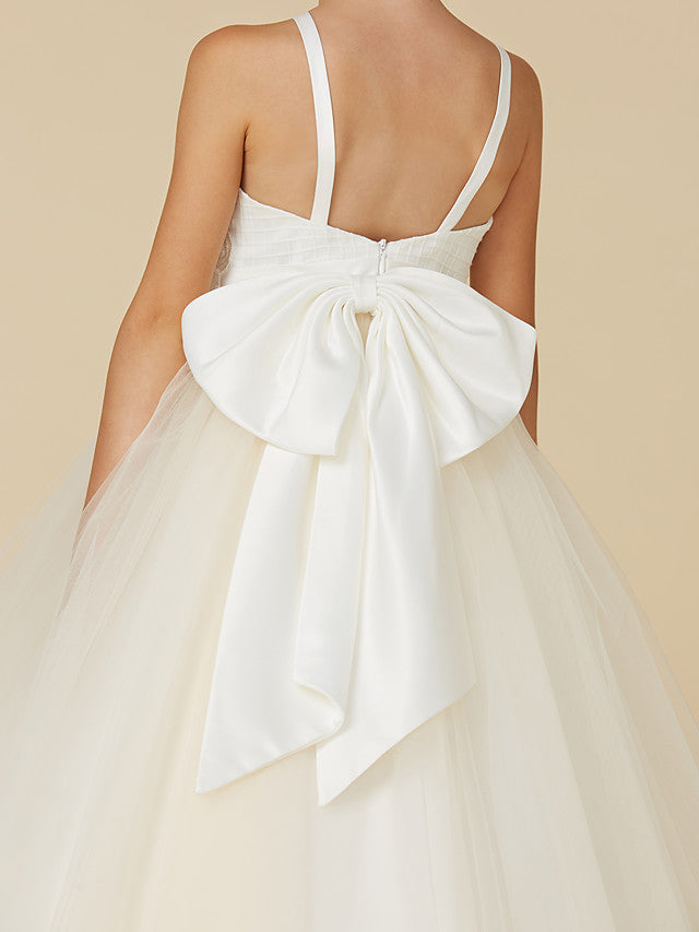 Sleeveless Lace Tulle Flower Girl Dress with Bow Appliques-BallBride