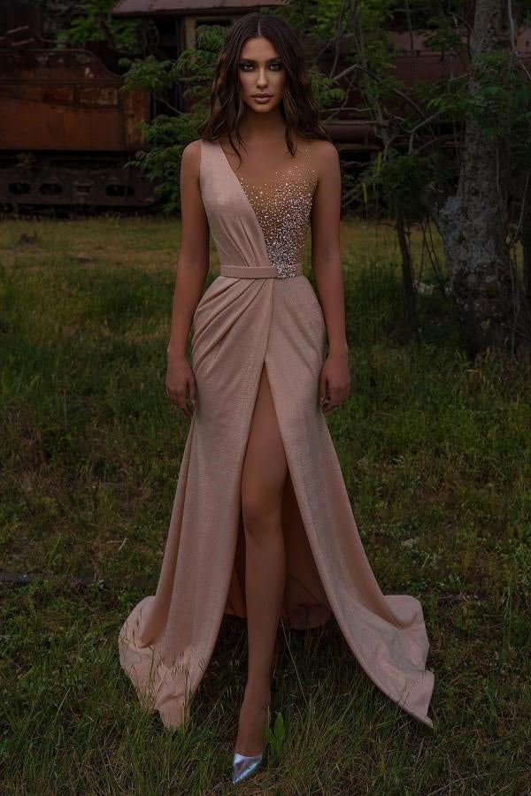 Sleeveless Long Prom Dress With Beadings and Slit-BallBride