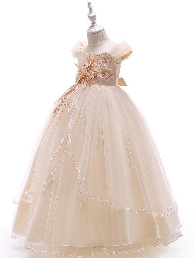 Sleeveless Off Shoulder Ball Gown with Floral Bow-Flower Girl Dress-BallBride