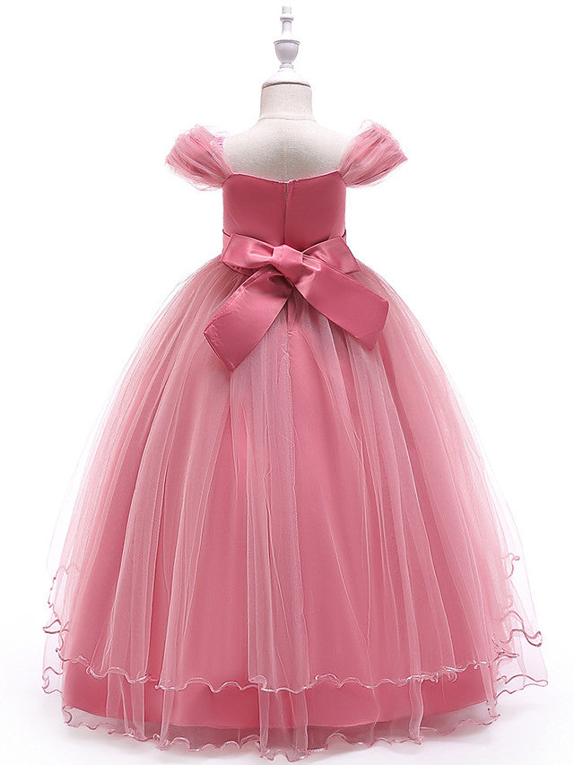 Sleeveless Off Shoulder Ball Gown with Floral Bow-Flower Girl Dress-BallBride