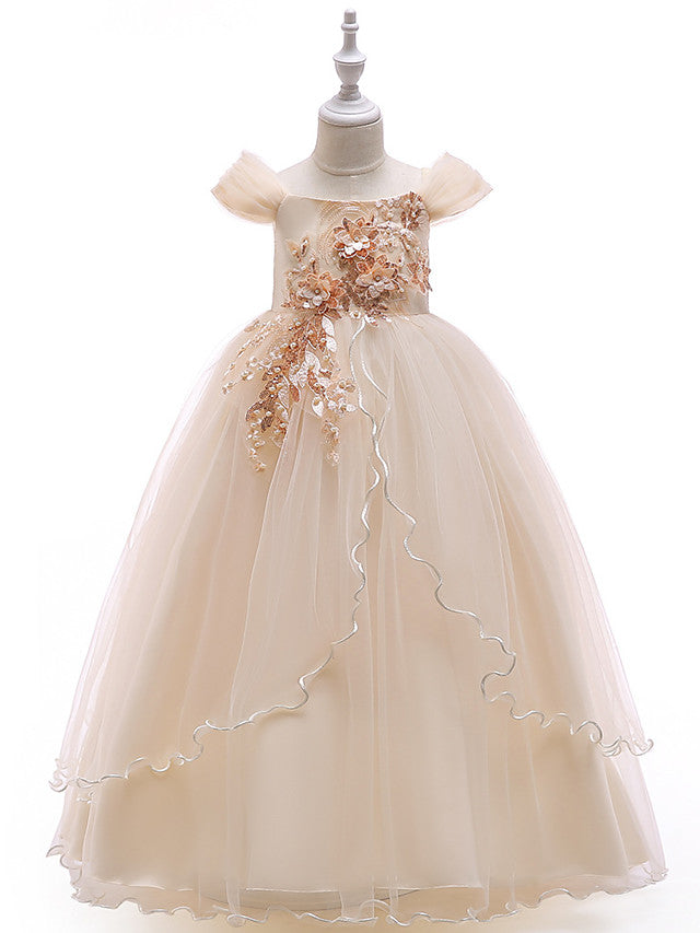 Sleeveless Off Shoulder Ball Gown with Floral Bow-Flower Girl Dress-BallBride