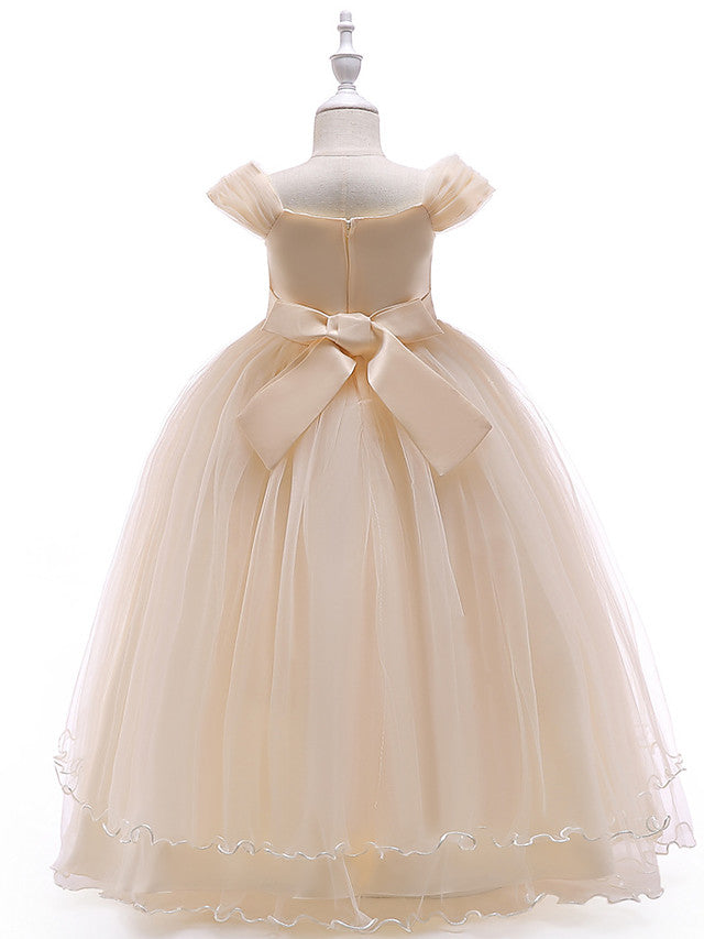 Sleeveless Off Shoulder Ball Gown with Floral Bow-Flower Girl Dress-BallBride