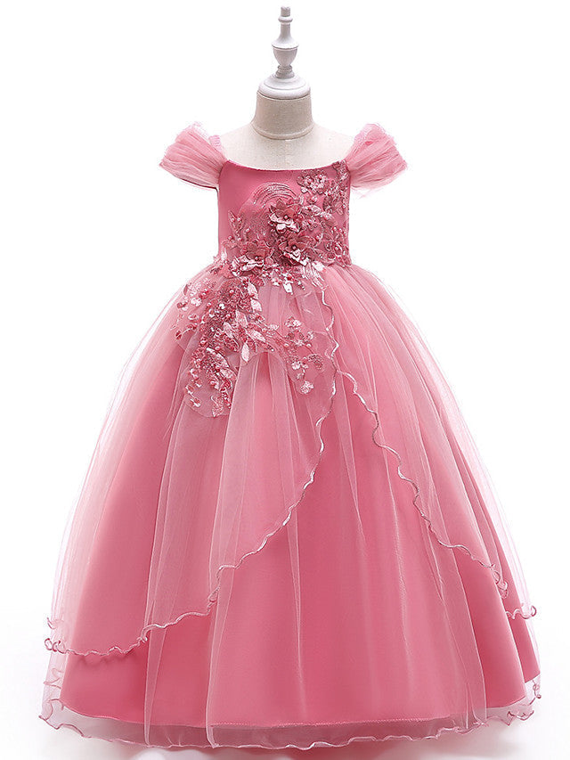 Sleeveless Off Shoulder Ball Gown with Floral Bow-Flower Girl Dress-BallBride