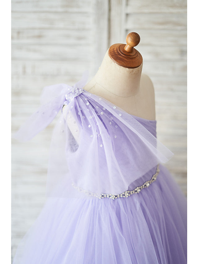 Sleeveless One Shoulder Ball Gown Flower Girl Dress With Belt Bow & Tulle-BallBride