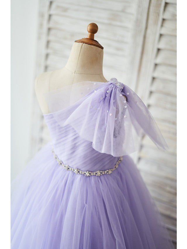 Sleeveless One Shoulder Ball Gown Flower Girl Dress With Belt Bow & Tulle-BallBride
