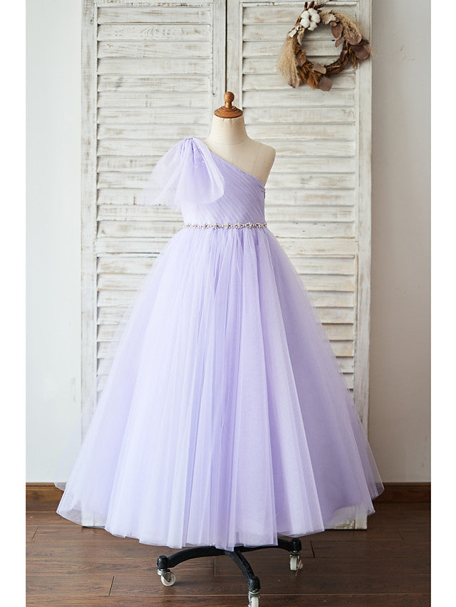 Sleeveless One Shoulder Ball Gown Flower Girl Dress With Belt Bow & Tulle-BallBride