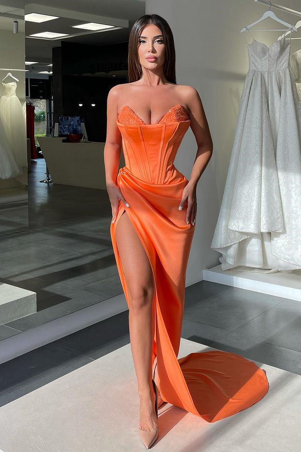 Sleeveless Orange Beads V-Neck Mermaid Prom Dress With Split-BallBride