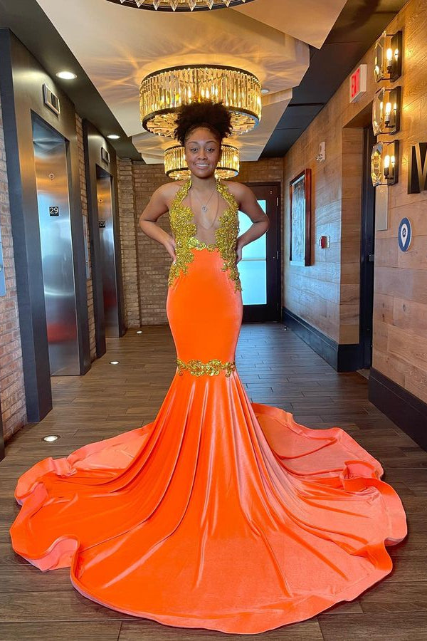 Sleeveless Orange Mermaid Elegant Prom Dress With Appliques and Beads-BallBride