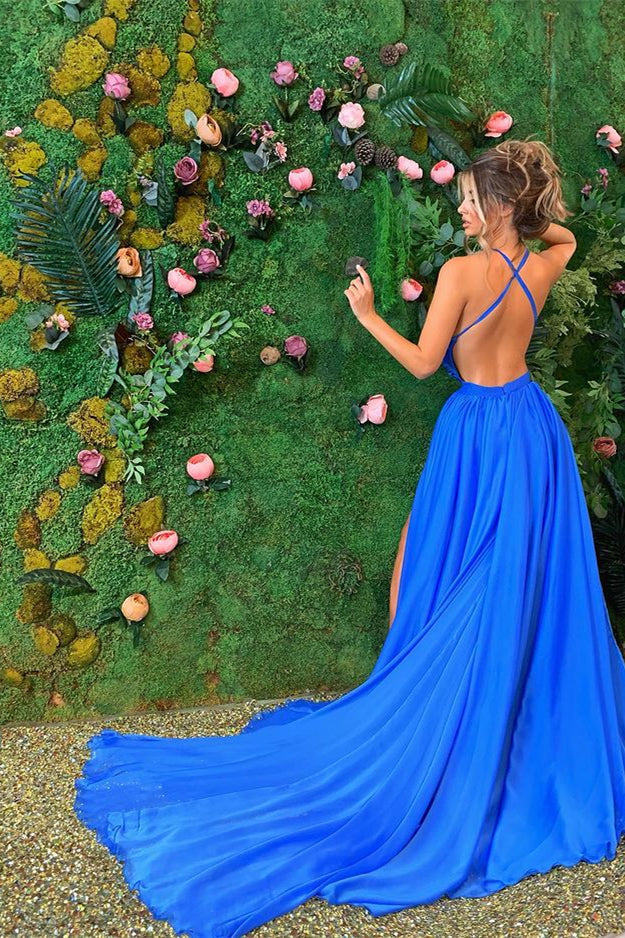 Sleeveless Royal Blue Prom Dress with a Split-BallBride