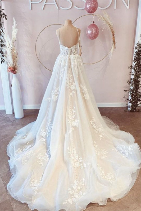 Sleeveless Spaghetti-Strap V-Neck Wedding Dress with Tulle and Lace A-Line Design-BallBride