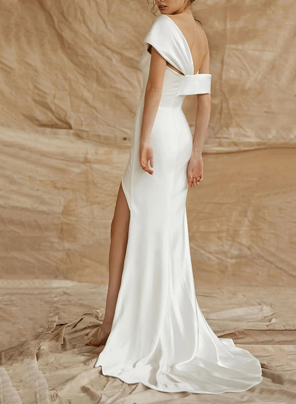 Sleeveless Sweep Train Silk Like Satin Wedding Dresses-Ballbride