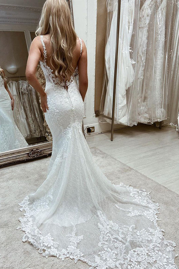 Sleeveless Tulle Appliques Bateau Mermaid Wedding Dress-BallBride