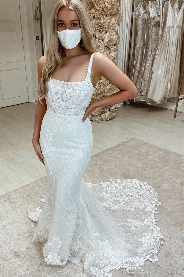 Sleeveless Tulle Appliques Bateau Mermaid Wedding Dress-BallBride