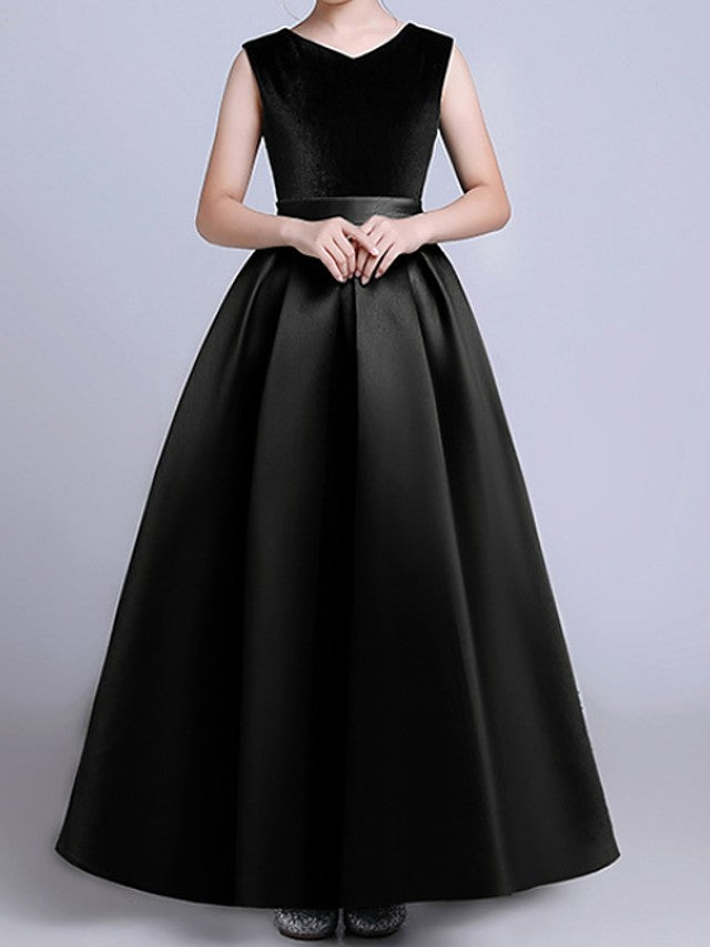 Sleeveless V Neck A-Line Floor Length Flower Girl Dresses With Pleats-BallBride