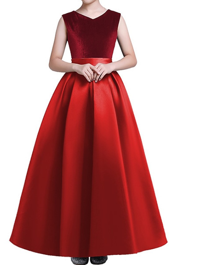 Sleeveless V Neck A-Line Floor Length Flower Girl Dresses With Pleats-BallBride