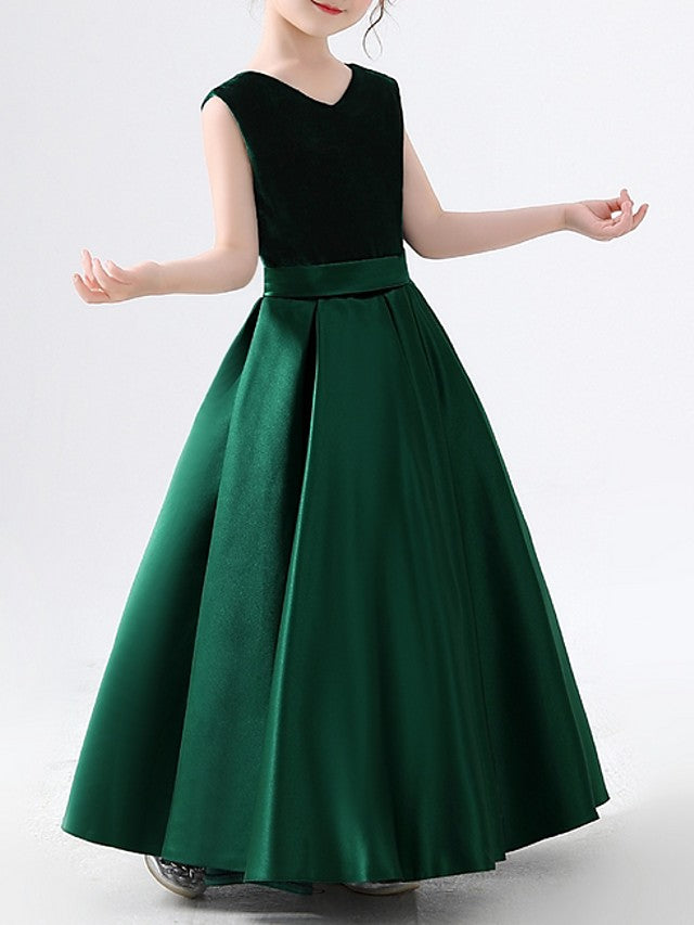 Sleeveless V Neck A-Line Floor Length Flower Girl Dresses With Pleats-BallBride