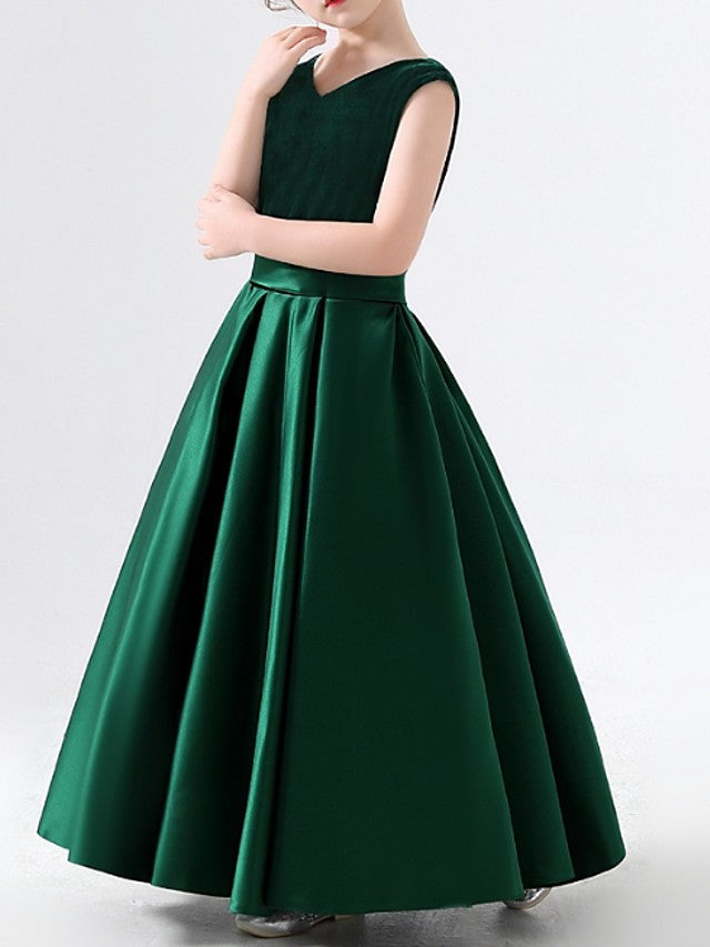 Sleeveless V Neck A-Line Floor Length Flower Girl Dresses With Pleats-BallBride