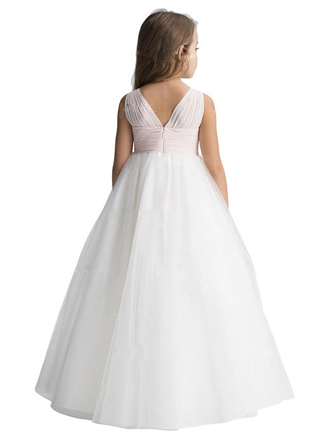Sleeveless V-Neck A-Line Flower Girl Dress with Tulle and Ruching-BallBride