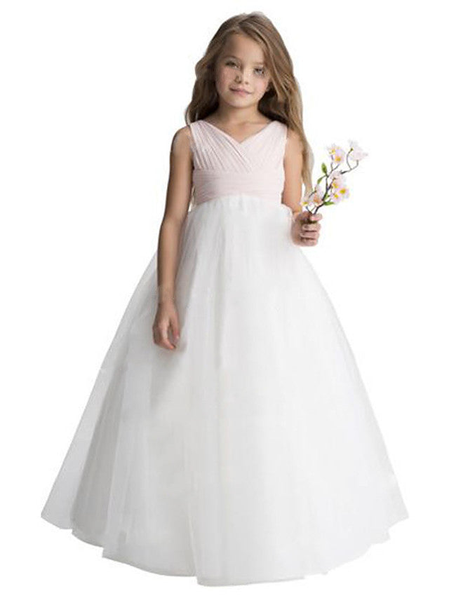 Sleeveless V-Neck A-Line Flower Girl Dress with Tulle and Ruching-BallBride