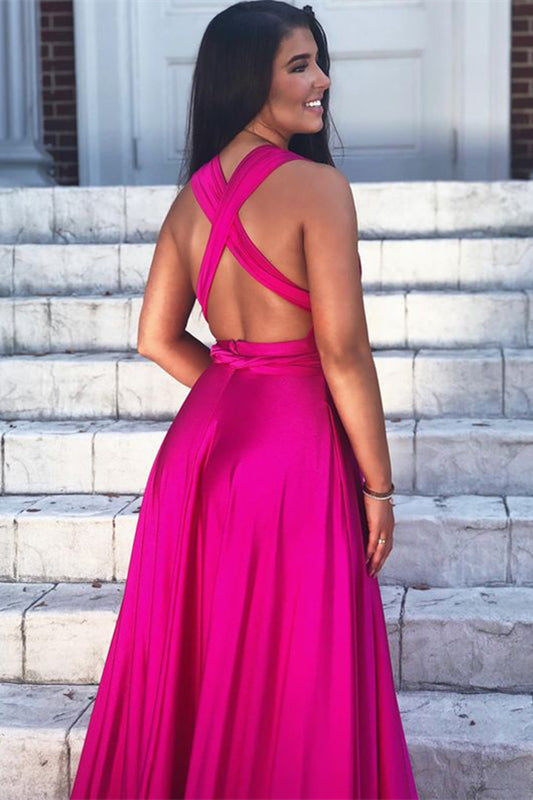 Sleeveless V Neck A-Line Prom Dress with Split - Fuchsia-BallBride