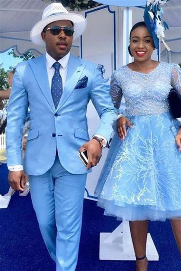 Slim Fit Blue Peaked Lapel Prom Attire for Guys-BallBride