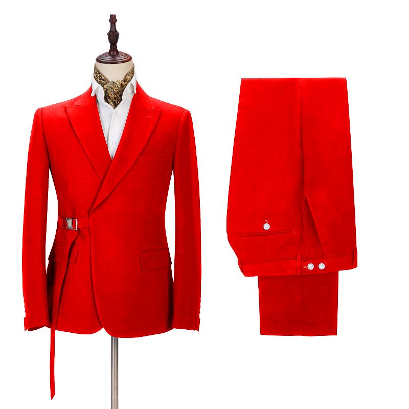 Slim Fit Bright Red Summer Wedding Suit with Peak Lapel & Buckle Button-BallBride