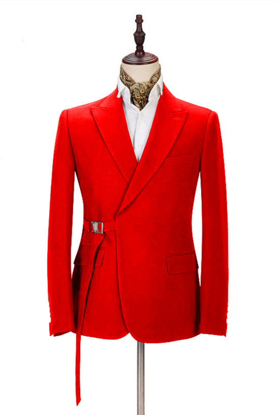Slim Fit Bright Red Summer Wedding Suit with Peak Lapel & Buckle Button-BallBride