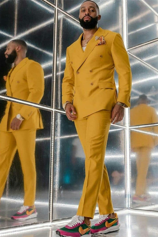 Slim-Fit Yellow Prom Attire for Guys with Double Breasted-BallBride
