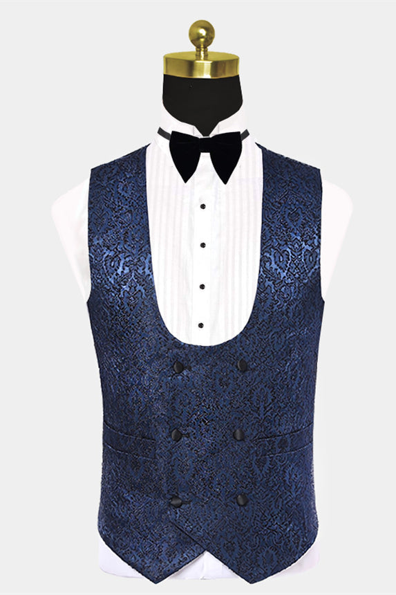 Slim Navy Blue Floral Wedding Prom Suit for Men with Black Satin Lapel-BallBride