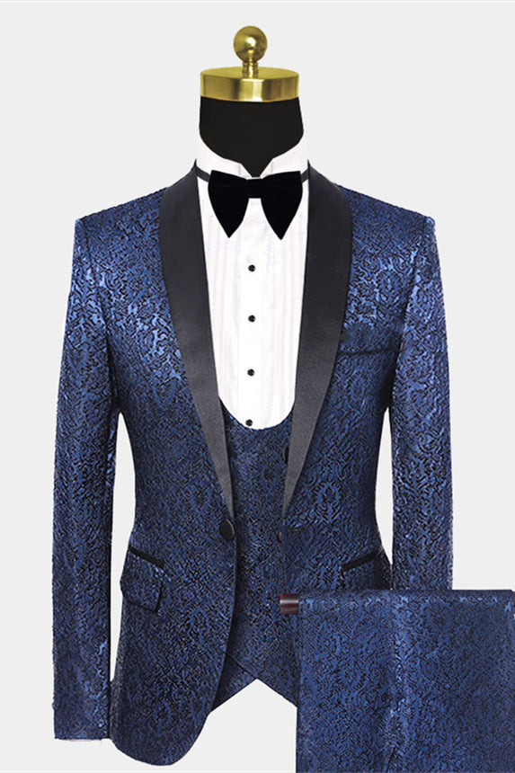 Slim Navy Blue Floral Wedding Prom Suit for Men with Black Satin Lapel-BallBride