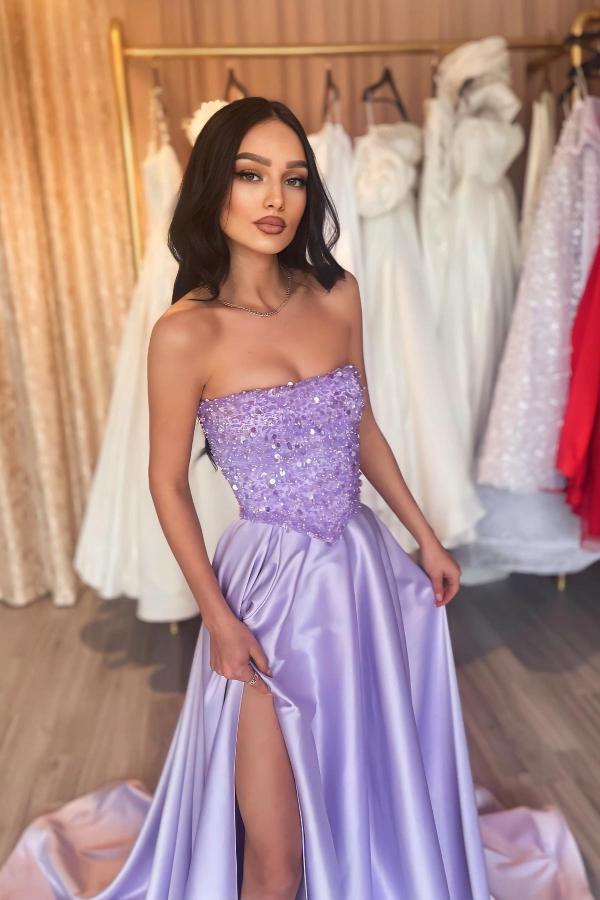 Slit Strapless A-Line Light Purple Satin Prom Dress with Sequins-BallBride