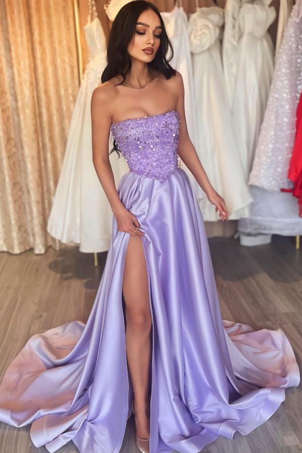 Slit Strapless A-Line Light Purple Satin Prom Dress with Sequins-BallBride
