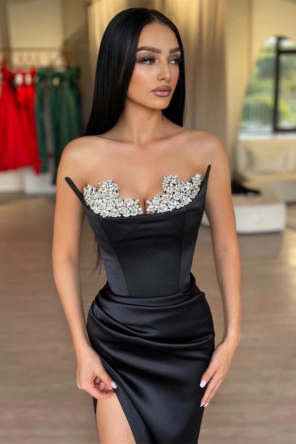 Slit Strapless Mermaid Long Satin Beaded Mermaid Prom Dress with Detachable Chiffon Watteau Train-BallBride