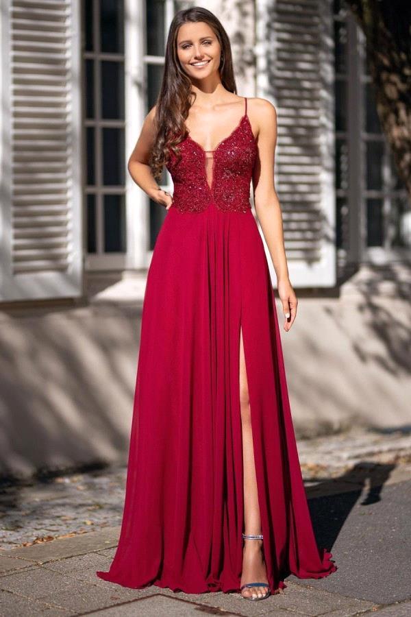 Slit V-Neck Long Prom Dress With Appliques-BallBride