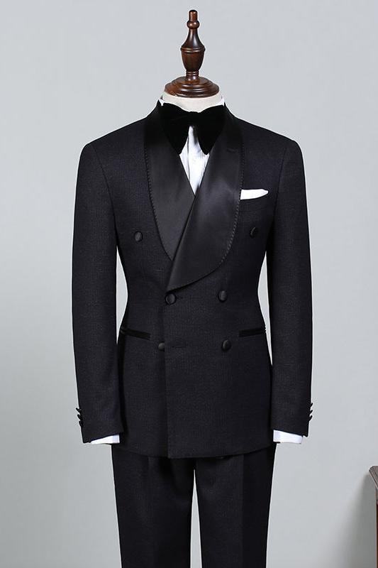 Solomon Stylish All-Black Double-Breasted Bespoke Wedding Suit for Bridegrooms-BallBride