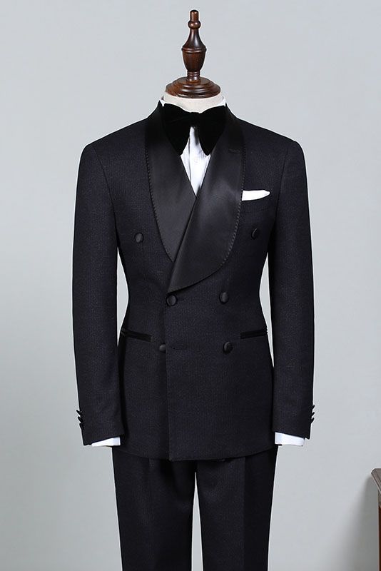 Solomon Stylish All-Black Double-Breasted Bespoke Wedding Suit for Bridegrooms-BallBride