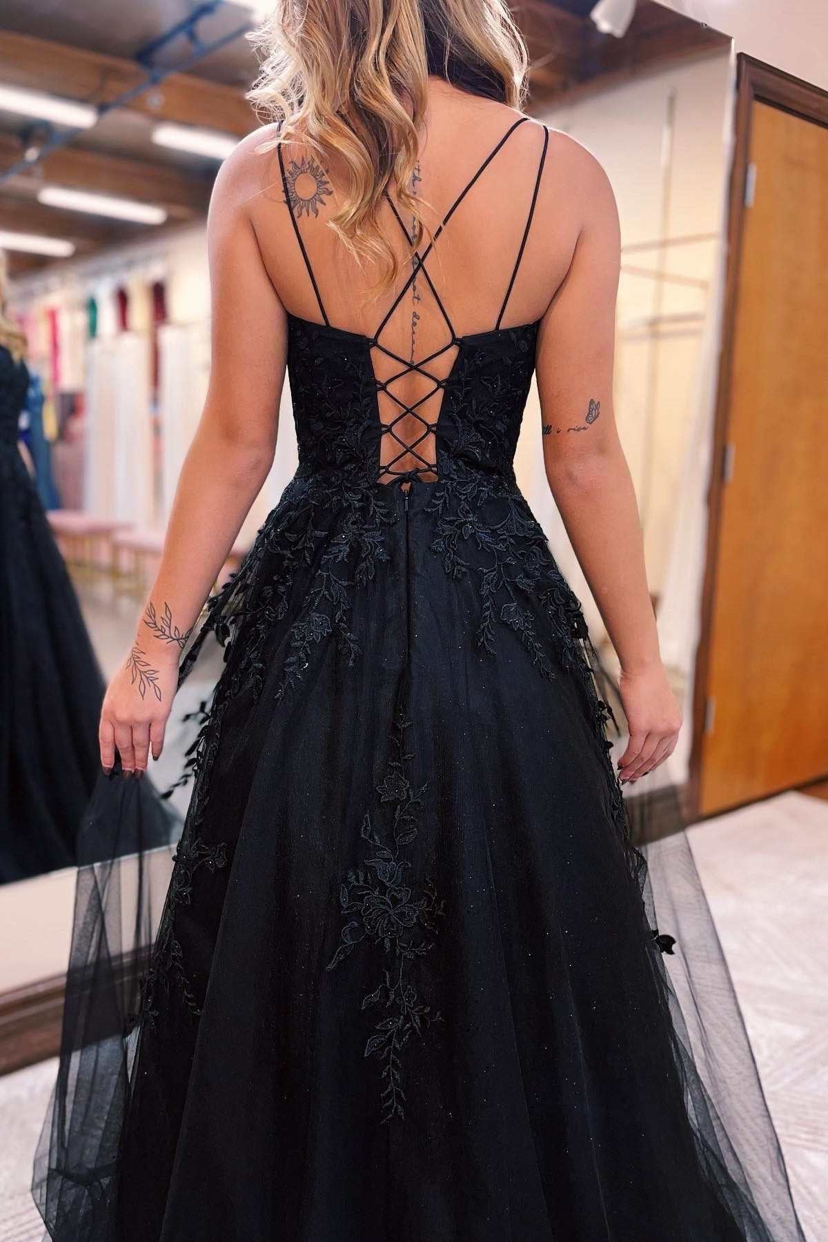 Spaghetti Straps A-Line Tulle Backless Appliques Lace Prom Dress-BallBride