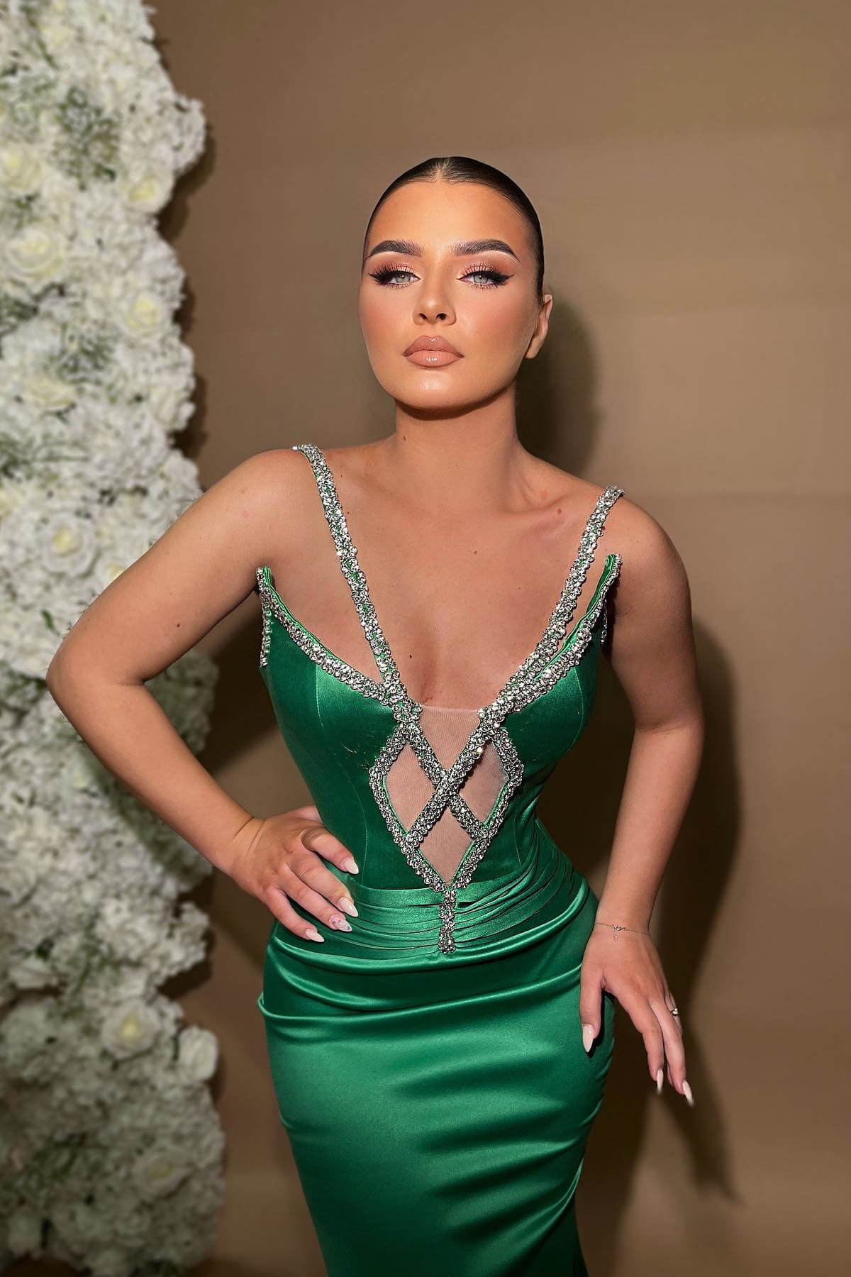 Spaghetti Straps Beaded Mermaid Green Satin Long Prom Dress-BallBride