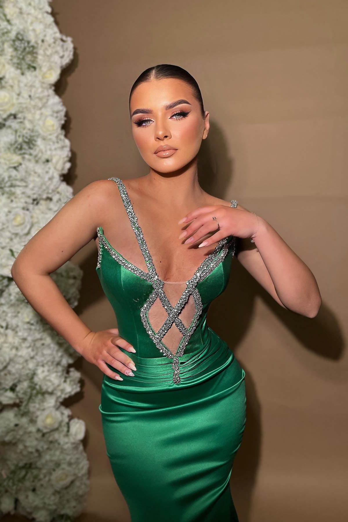 Spaghetti Straps Beaded Mermaid Green Satin Long Prom Dress-BallBride