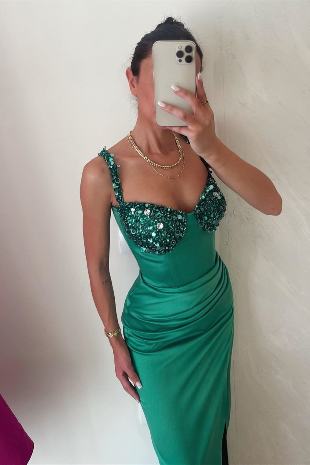 Spaghetti Straps Long Satin Mermaid Prom Dress with Sequins and Rhinestones-BallBride
