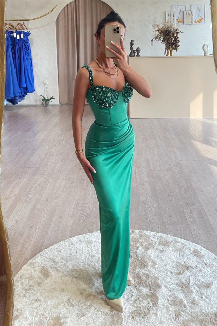 Spaghetti Straps Long Satin Mermaid Prom Dress with Sequins and Rhinestones-BallBride