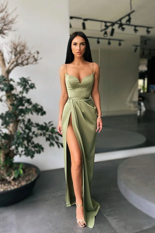 Spaghetti-Straps Mermaid Prom Dress Split Long Evening Party Gowns-BallBride