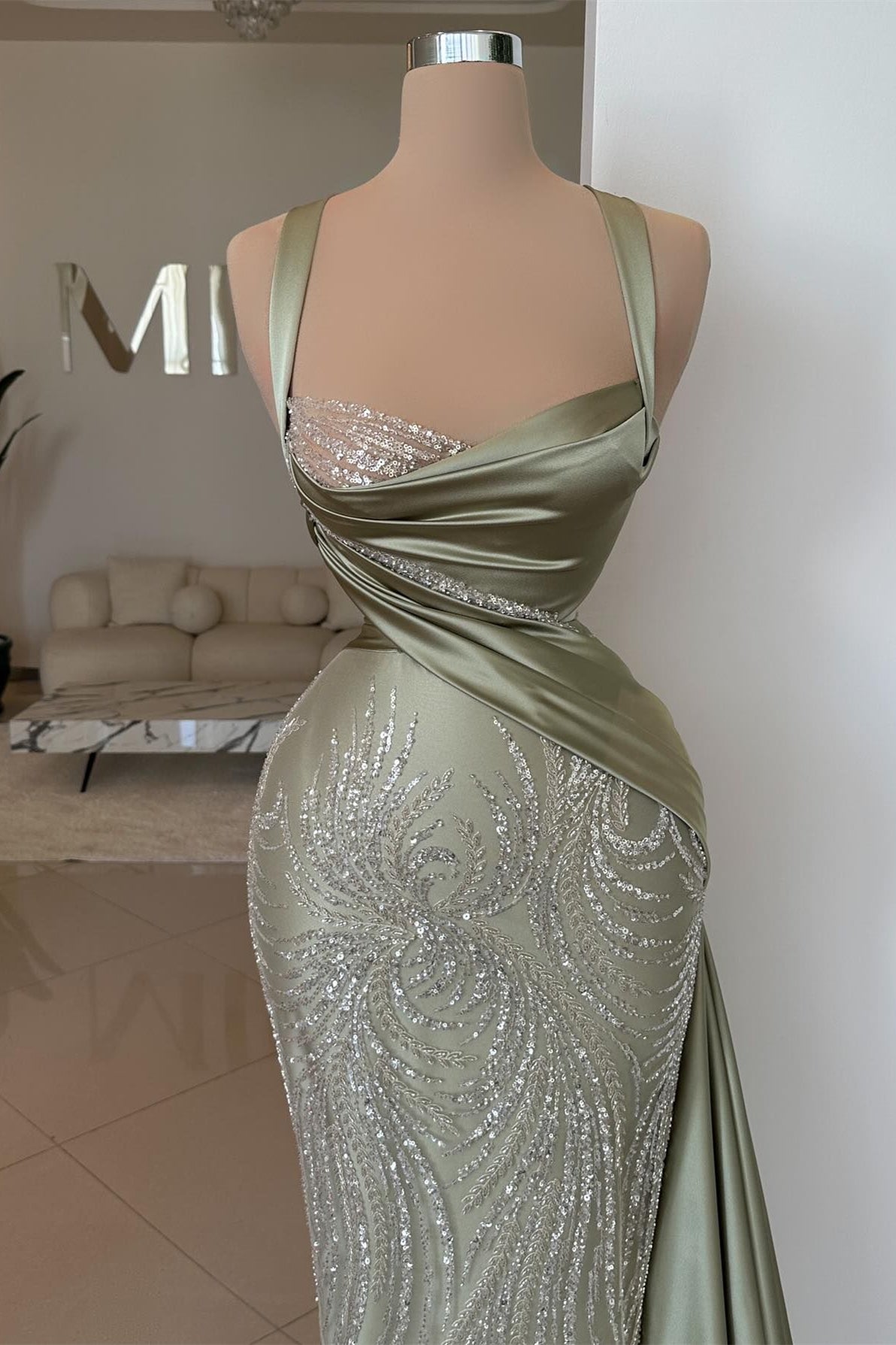 Spaghetti Straps Mermaid Ruched Satin Long Prom Dress with Sequins-BallBride