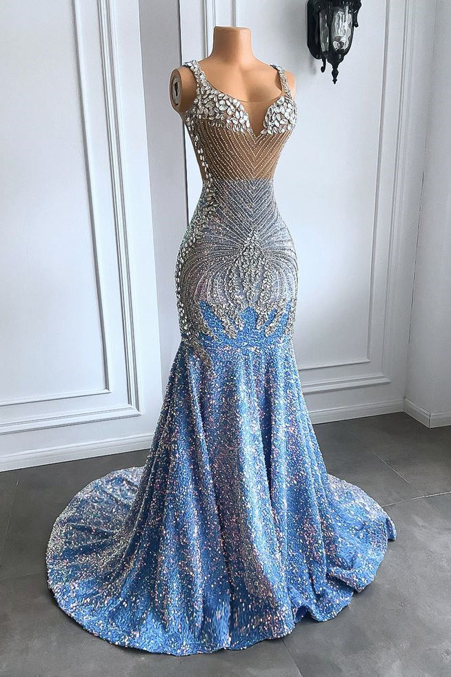 Spaghetti Straps Mermaid Sweetheart Long Prom Dress with Beads and Sequins-BallBride